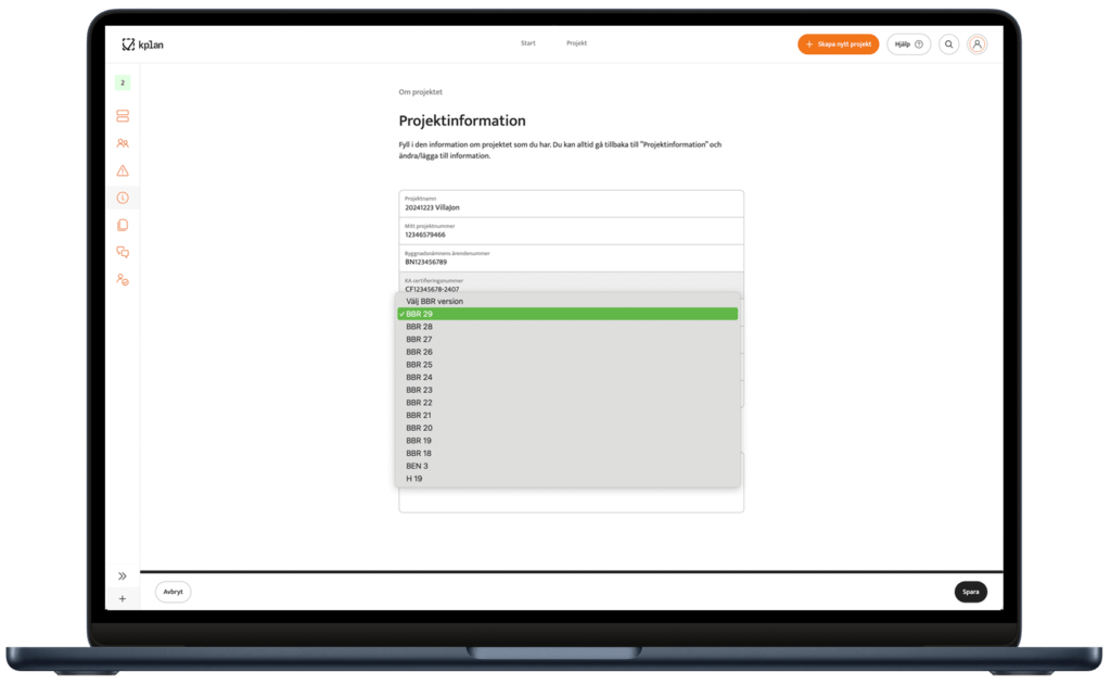kplan kontrollplan välj BBR version